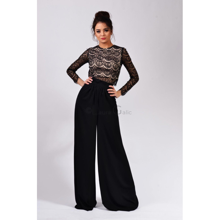 Black John 2 trousers with front pleats and long, wide legs