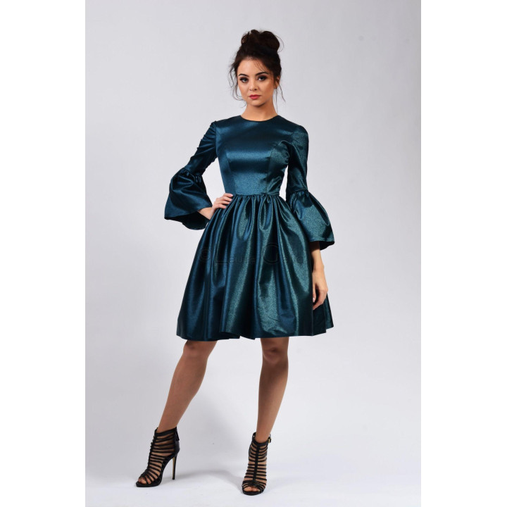 Isadora petrol blue dress with a full skirt and long flared sleeves