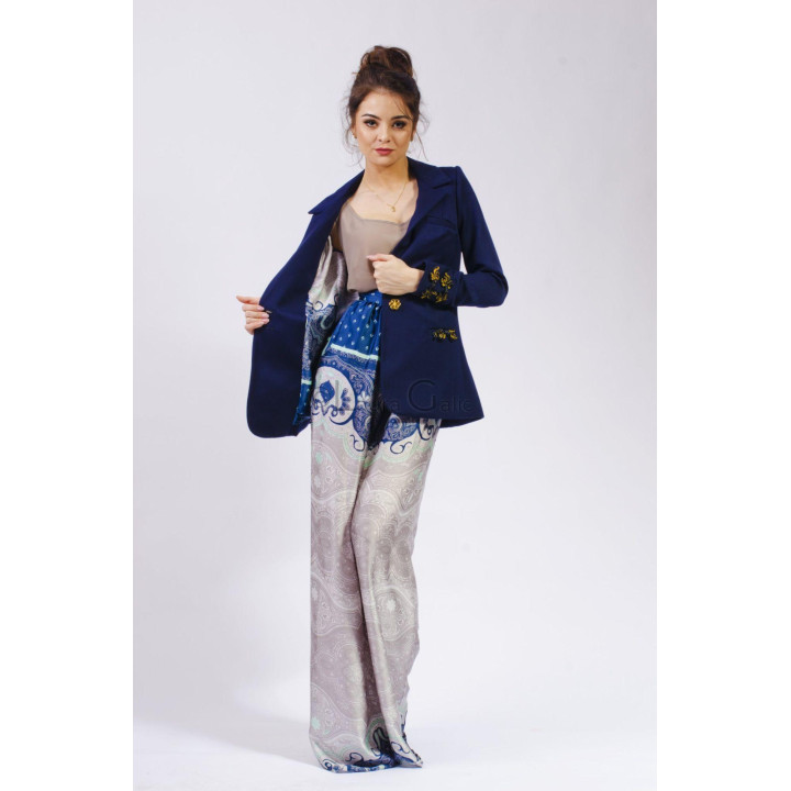 Ramona 2 navy blazer and John 2 wide-leg trousers with a paisley print