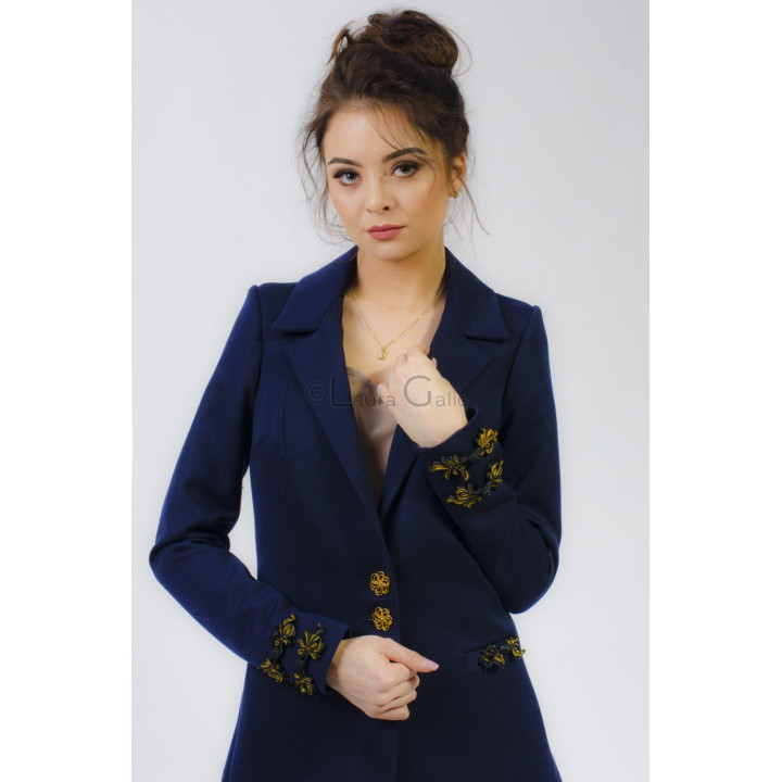Close-up of the Ramona 2 blazer lapels, decorative buttons and gold embroidery