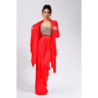 Red Demetra cardigan worn open, with long sleeves and a waist tie