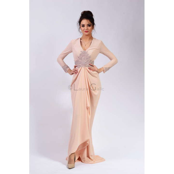 Charlote 3 dress showing the beaded waist and gathered asymmetric front panel