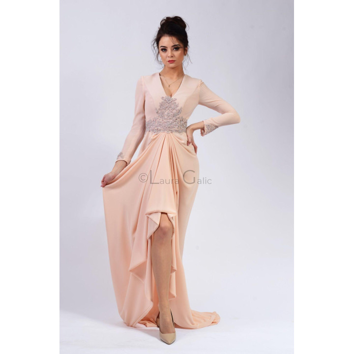 Floor-length Charlote 3 evening gown with an asymmetric draped skirt panel