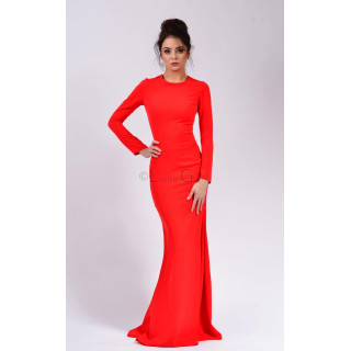 Red Mercedes evening dress with long sleeves and a flared floor-length skirt