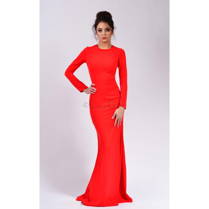 Red Mercedes evening dress with long sleeves and a flared floor-length skirt