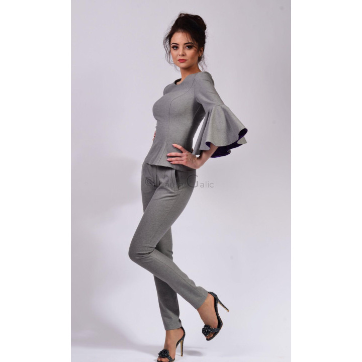 Ioana grey two-piece set with a fitted flared-sleeve top and slim trousers
