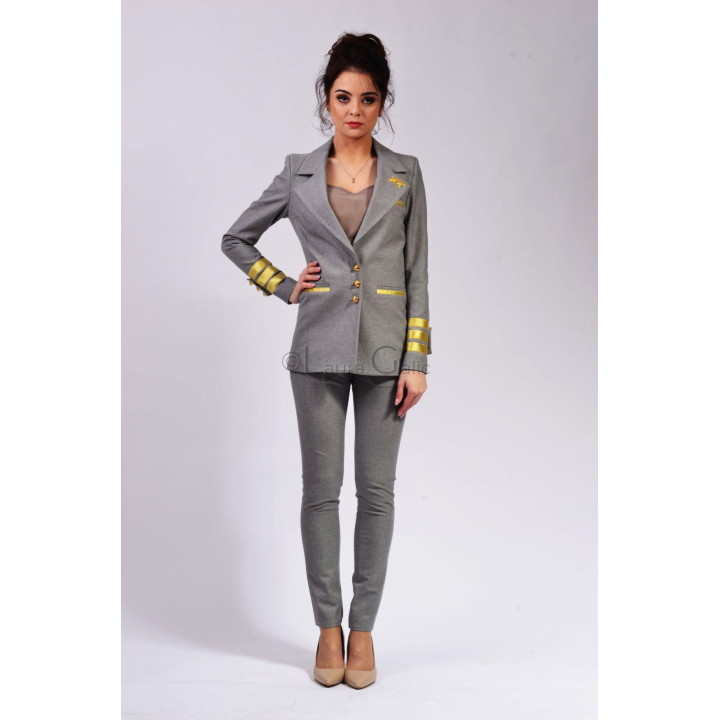 Front view of the Ramona 3 suit with long grey blazer and gold cuff stripes