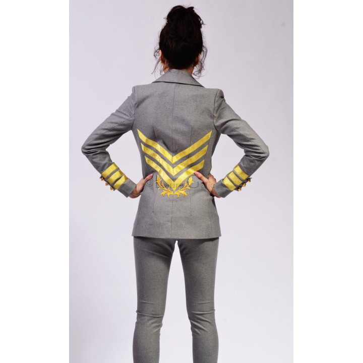 Back of the Ramona 3 blazer with gold chevron stripes and ornamental embroidery