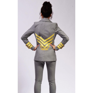 Back of the Ramona 3 jacket with gold-tone chevron bands and an ornamental motif