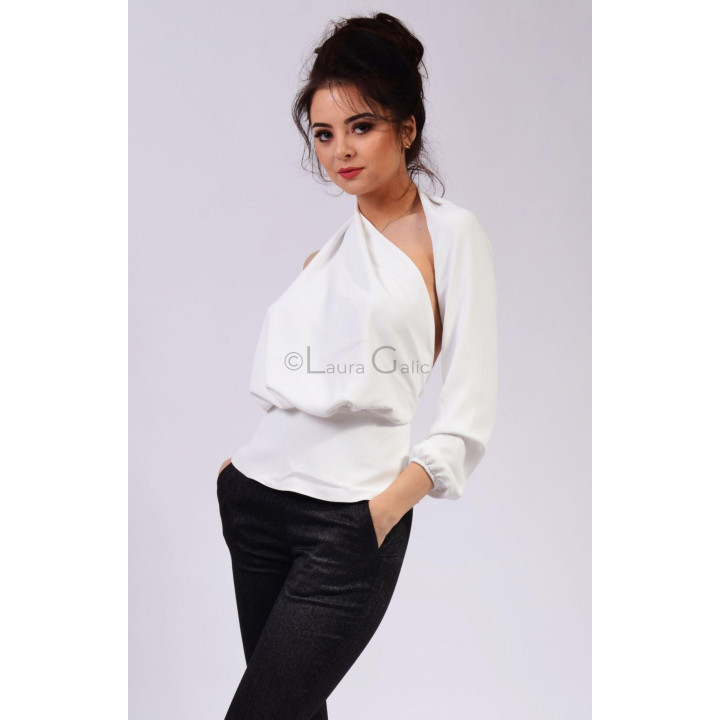 White Brandusa blouse with an asymmetric neckline and draped front