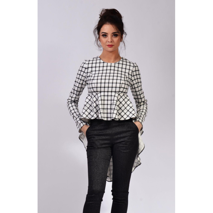 Front view of the Smaranda women's blouse with a round neckline, fitted bodice and flared check peplum