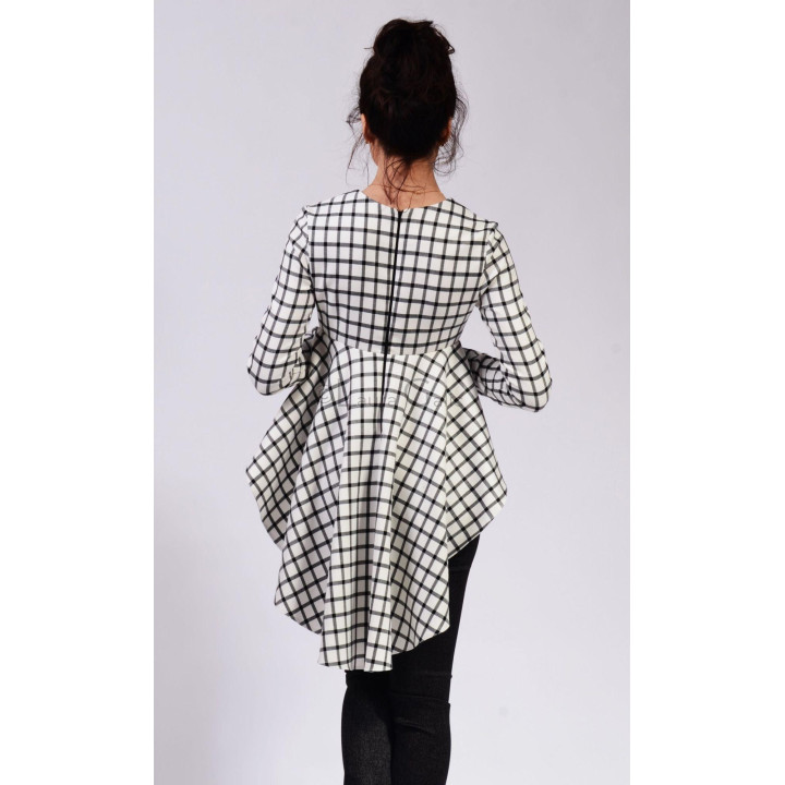 Back of the Smaranda blouse showing the centre zipper and long asymmetric black-and-white check hem