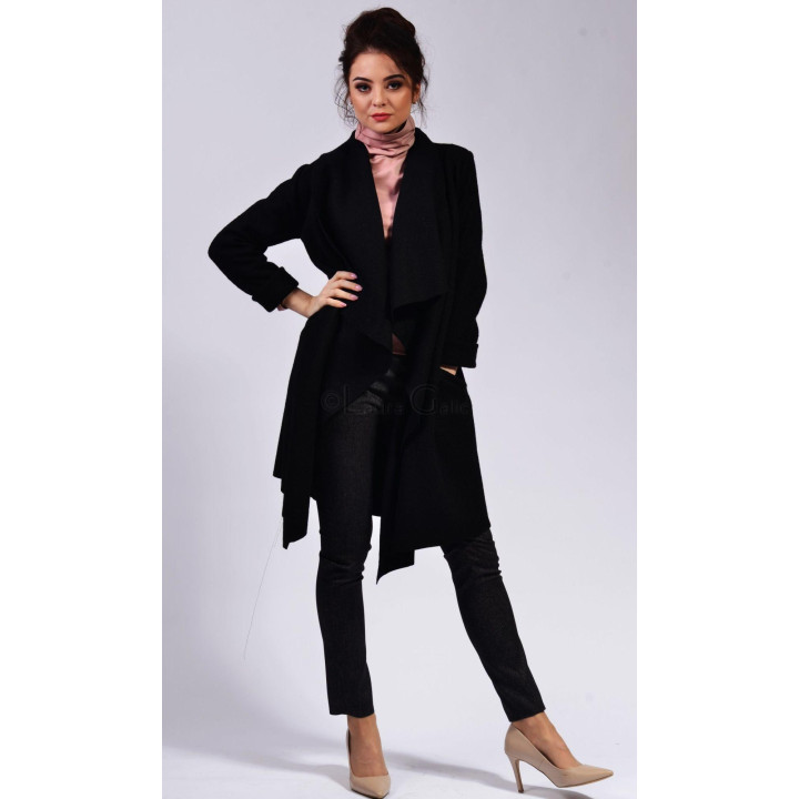 Cardigan Demetra negru, lung, cu revere ample și mâneci lungi