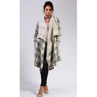 Demetra longline jacket in cream and black checks with wide draped lapels