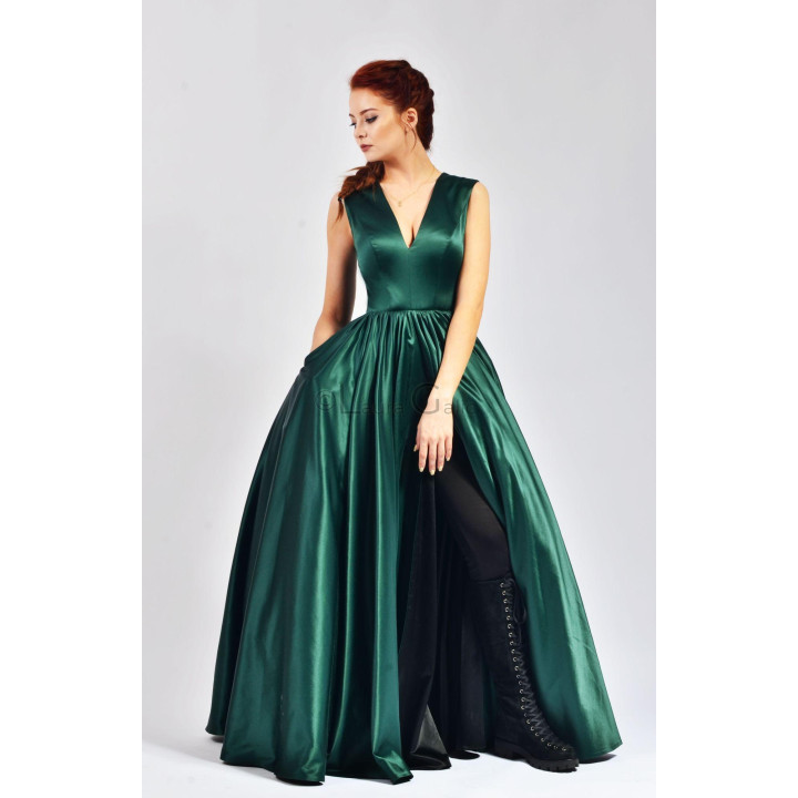 Rochia lungă Angela 2 Dress, verde smarald, cu decolteu în V și fustă amplă