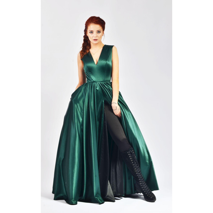 Angela 2 Dress, rochie verde smarald fără mâneci, cu bust cambrat și fustă lungă amplă