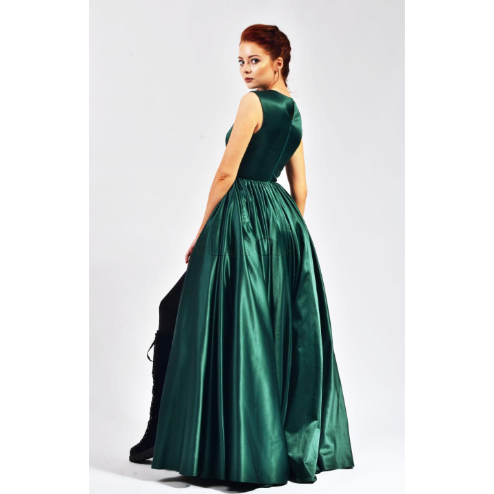 Back view of Angela 2 Dress showing its defined waist and full green skirt