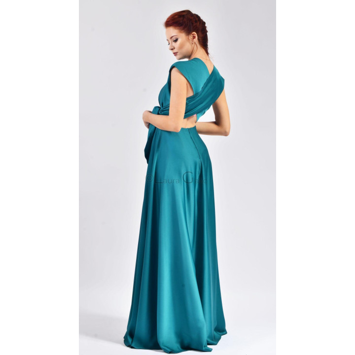 Crossed-back design and long skirt of the teal Agnes 2 Dress