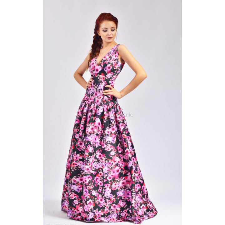 Angelina long dress with a V neckline and pink and purple floral print on black