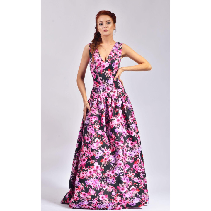 Sleeveless Angelina dress with a fitted bodice and full multicoloured floral skirt