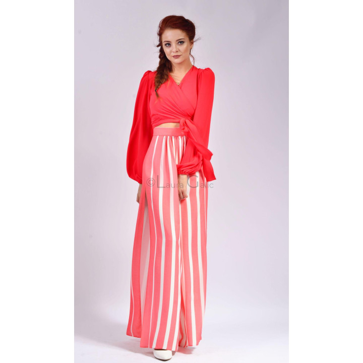 Front view of the Mira wrap blouse with long puff sleeves