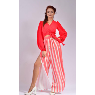 John 2 coral-pink and white striped pants with deep side slits