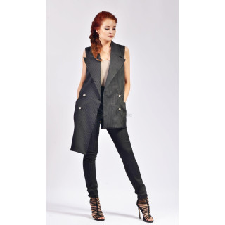 Costum Melody cu vestă lungă asimetrică cu nasturi dubli și pantaloni mulați în dungi fine