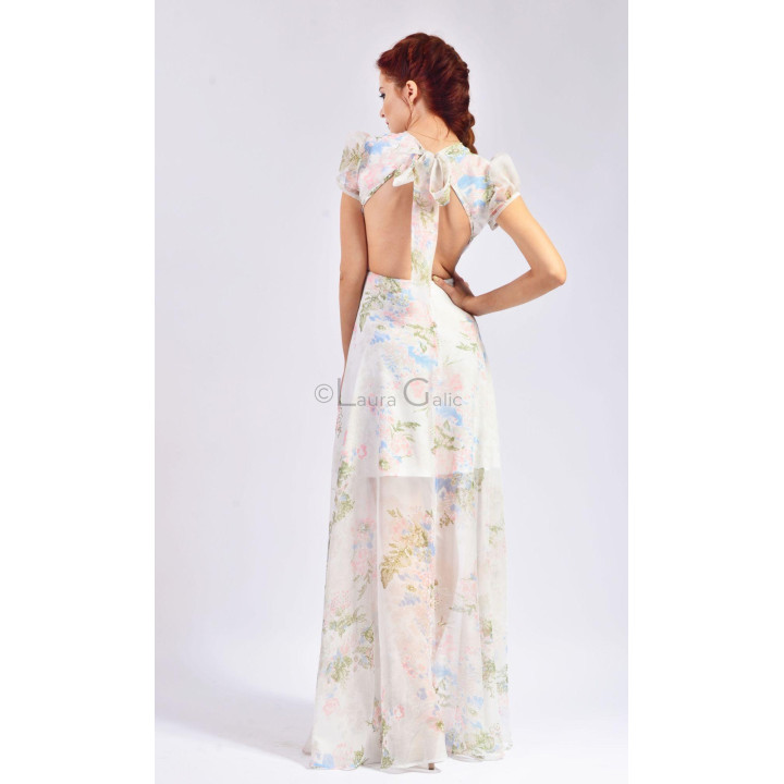 Open back of the Floarea dress with a bow and long trailing ties
