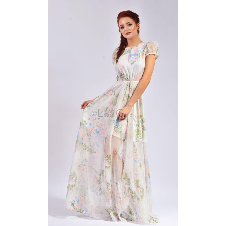 Rochie Floarea cu talie elasticizată și imprimeu floral în nuanțe pastelate