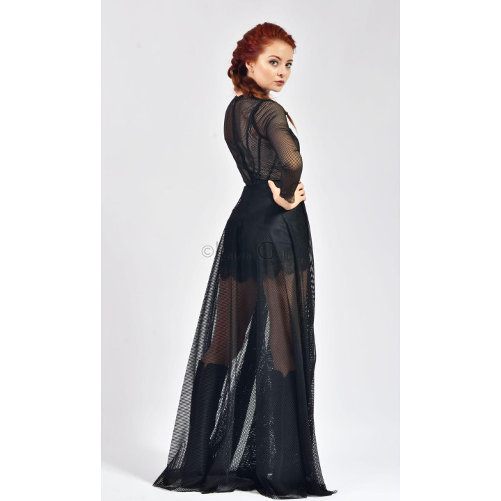 Back view of the Evangeline dress with long sleeves and a sheer mesh skirt