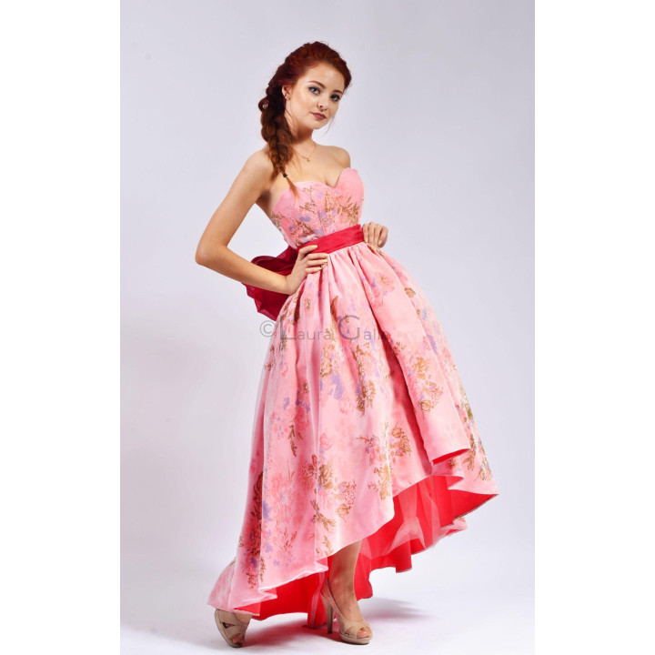 Rochie florală Joselina 2 cu corsaj fără bretele și decolteu în formă de inimă