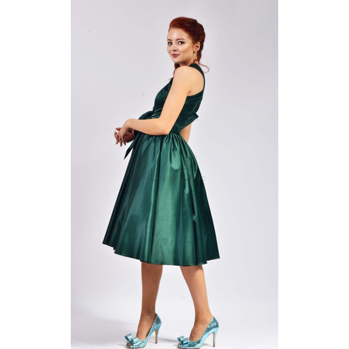 Side view of Marina Dress 2 with a draped waist and flared skirt