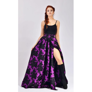 Fusta lungă Calypso din brocart violet cu imprimeu floral negru și șliț înalt