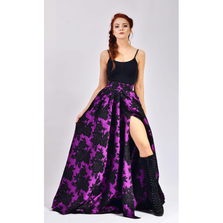 Calypso long violet brocade skirt with black floral pattern and high slit