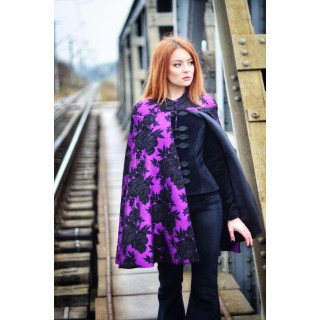 Uhura jacket-cape with a purple cape patterned with black flowers over a short black velvet jacket