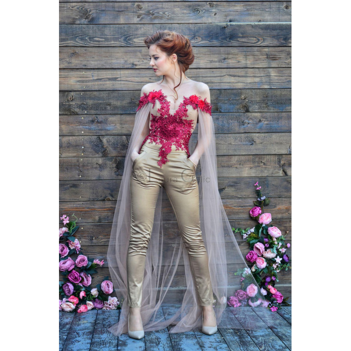 Front view of the Damaris corset with fuchsia lace over a beige base