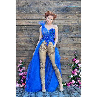 Aadeea Ensemble with blue floral corset, flowing tulle and champagne trousers