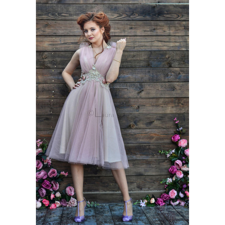 Sleeveless Summer dress with a wrap V-neck and fine tulle shoulder ruffles