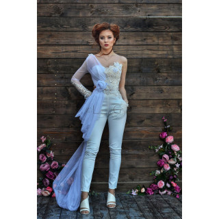 Kalianna bridal ensemble with an ivory corset, slim-fit trousers and long pale-blue tulle drape