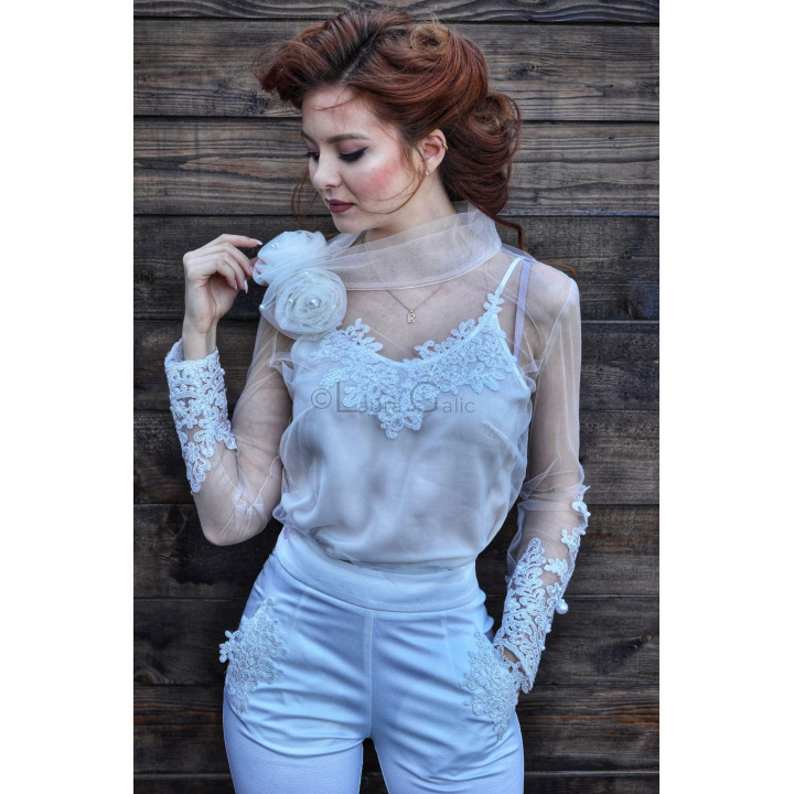 Donatela white tulle blouse with floral lace at the neckline and cuffs
