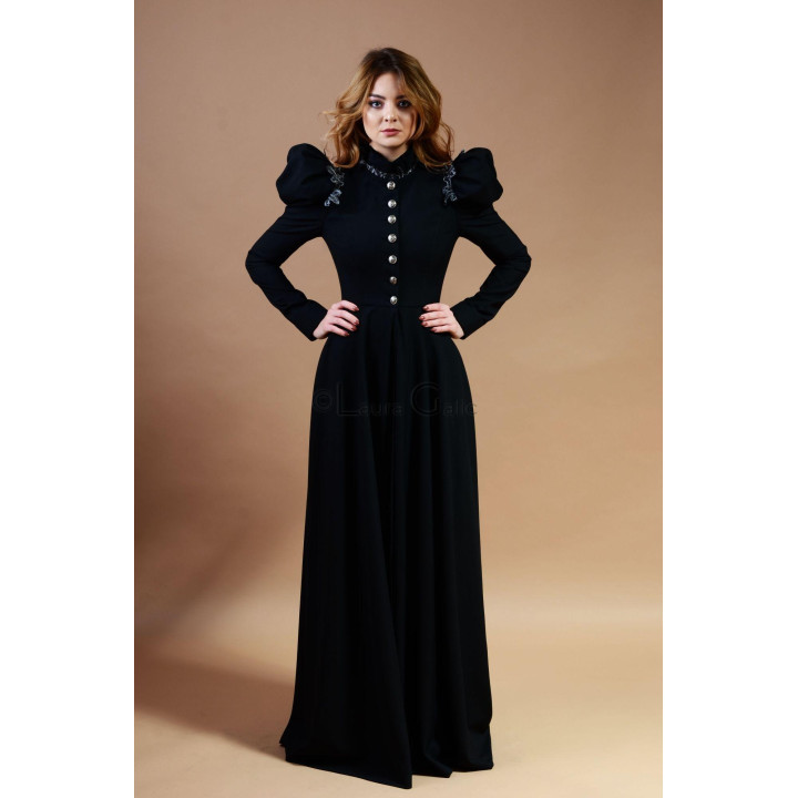 Front view of the Ecaterina long coat with a high collar and button fastening
