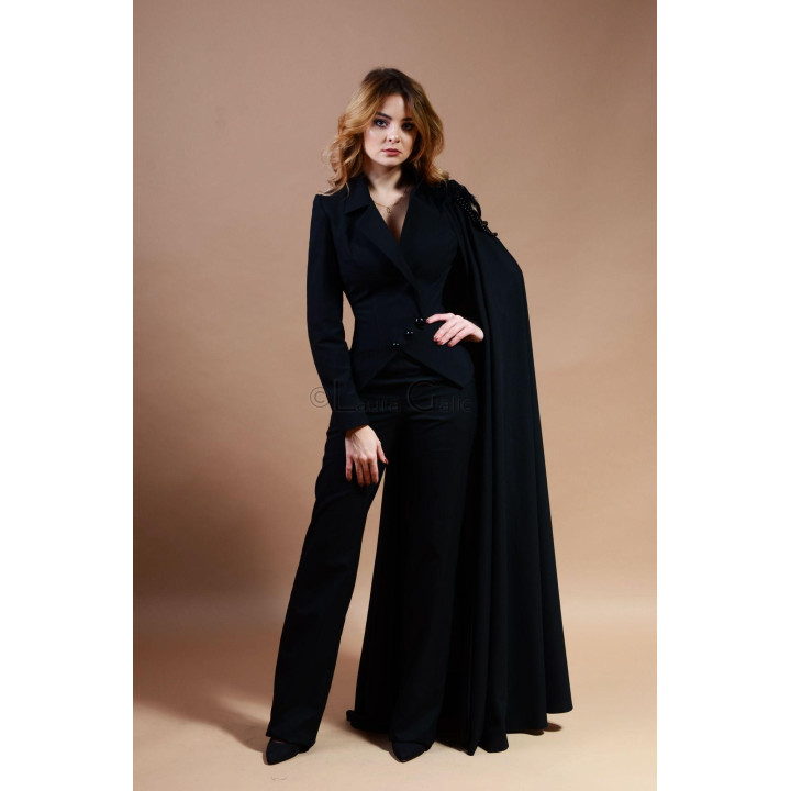 Euridice cape jacket with lapels, button front and a long one-shoulder cape
