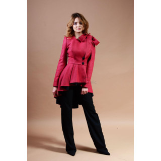 Palton Stefania roz-roșu din lână, cu peplum plisat și nasturi negri