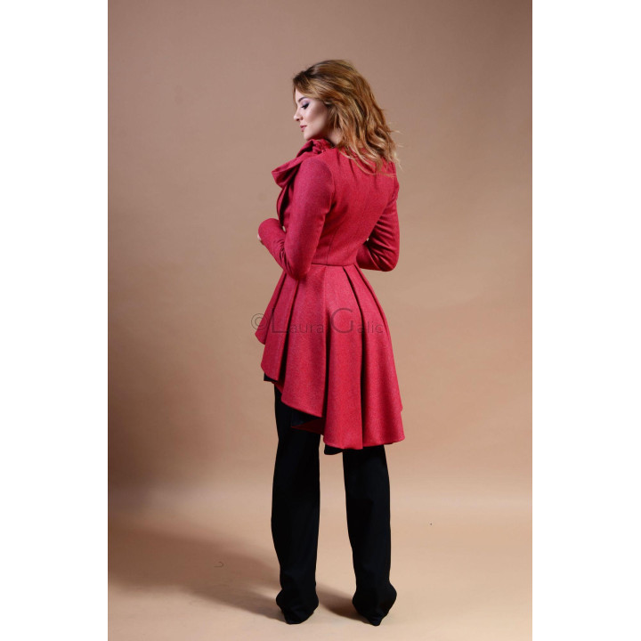 Rear view of the Stefania wool coat with full pleats at the lower back