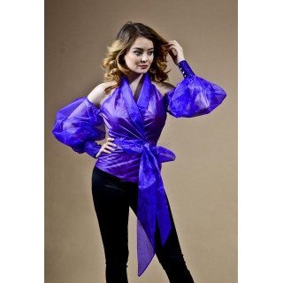 Sansa violet organza blouse with voluminous sleeves and a long waist tie