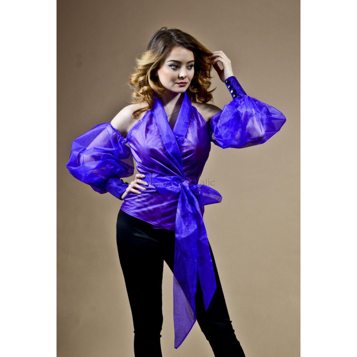 Sansa violet organza blouse with voluminous sleeves and a long waist tie