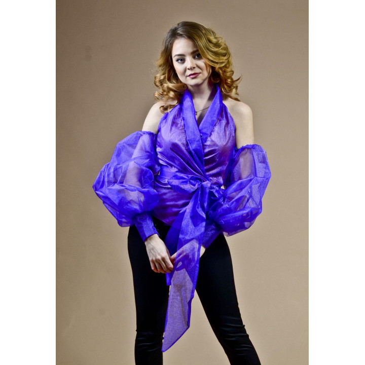 Bluză damă Sansa cu decolteu în V, umeri goi și mâneci ample din organza