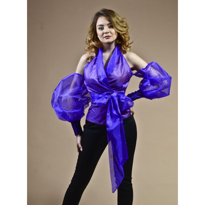 Violet Sansa blouse with voluminous sheer sleeves and a long front waist tie