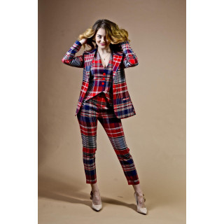Costumul Ramona 2 în carouri roșii și bleumarin, cu sacou, vestă și pantaloni asortați