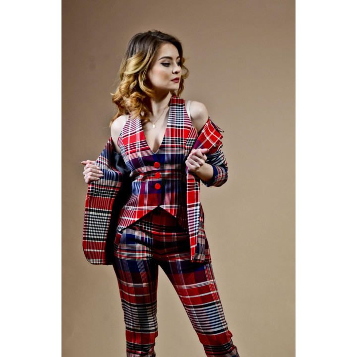 Ramona Suit 2 styled with the sleeveless waistcoat and jacket worn loosely over the shoulders